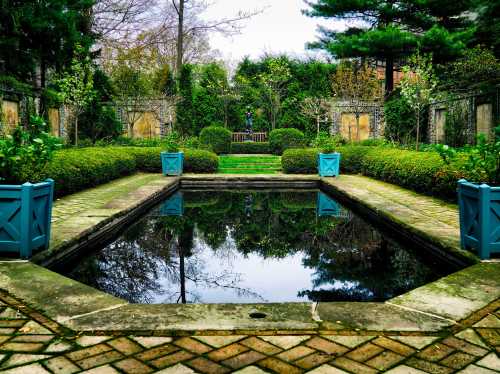 A serene garden with lush greenery, symmetrical pathways, and blue planters, creating a tranquil atmosphere.