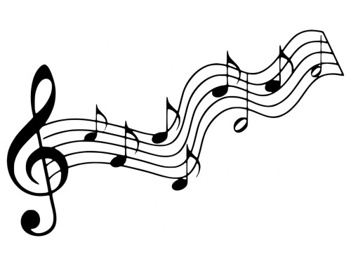 A flowing staff of musical notes and a treble clef on a white background.