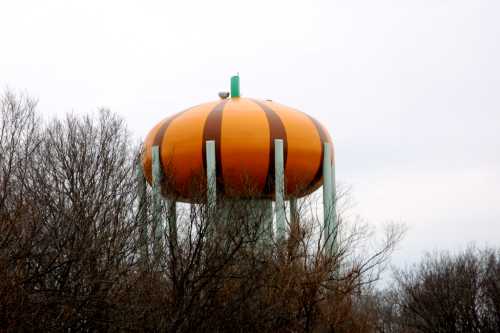 A water tower designed to resemble a pumpkin, set against a cloudy sky and surrounded by bare trees.