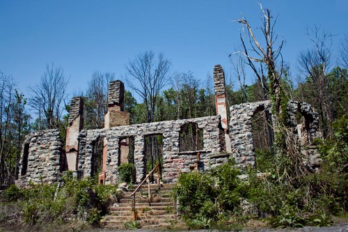 Ruins of a stone building surrounded by overgrown vegetation and trees against a clear blue sky.