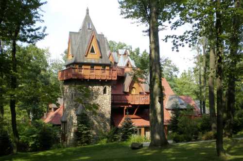 A whimsical stone and wood house with multiple peaks, surrounded by trees in a lush green setting.