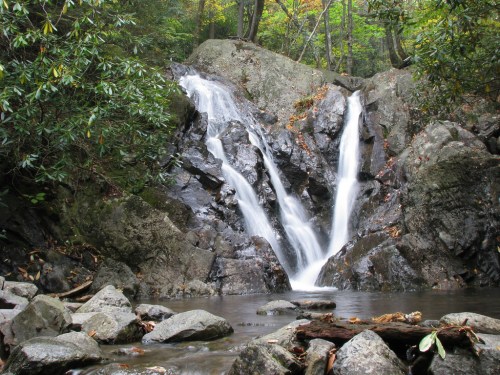 A serene waterfall cascading over rocky terrain, surrounded by lush greenery and autumn foliage.