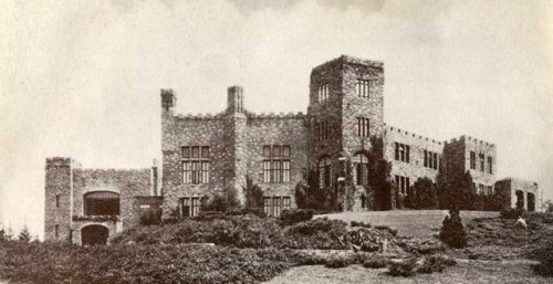 Historic stone castle surrounded by greenery, featuring towers and large windows, in a vintage style.