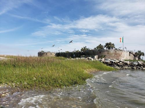 A historic fort surrounded by grass and water, with birds flying overhead and a blue sky in the background.