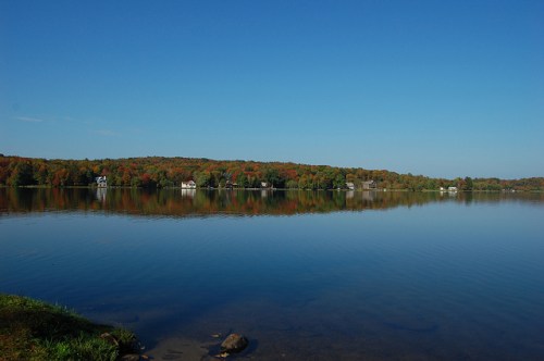 A calm lake reflects colorful autumn trees and clear blue skies, with houses visible along the shoreline.