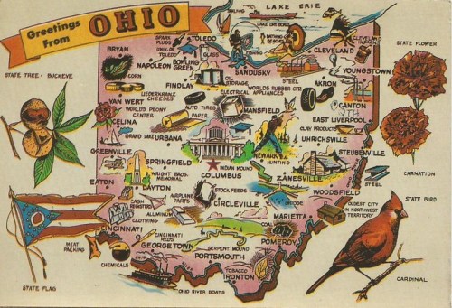 A colorful vintage postcard map of Ohio, featuring cities, landmarks, and state symbols like a cardinal and state tree.