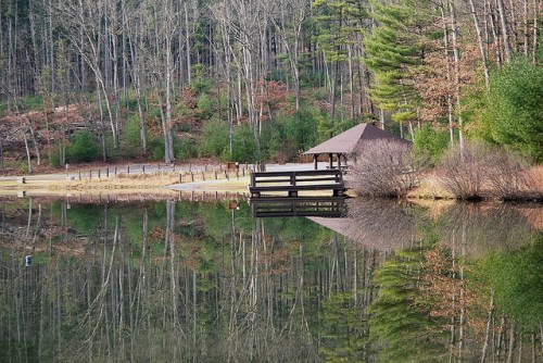 A serene lake reflecting a gazebo and surrounding trees in a peaceful natural setting.