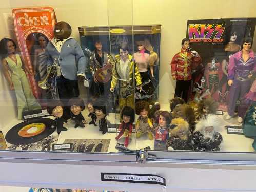 A display case filled with various collectible dolls, including musicians and characters from pop culture.