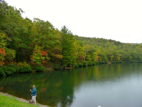 A person fishing by a calm lake surrounded by colorful autumn trees and a serene landscape.