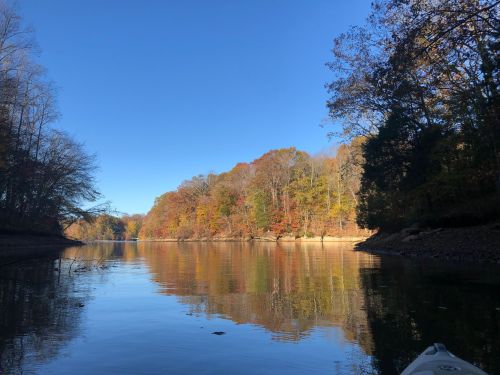 A serene river scene with autumn foliage reflecting on the water under a clear blue sky.