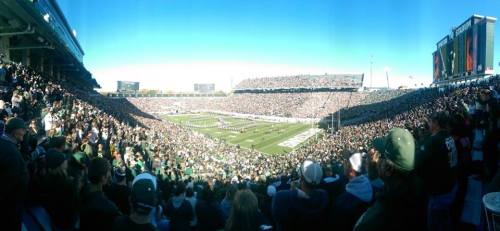 A packed stadium filled with fans, cheering for a football game under a clear blue sky.