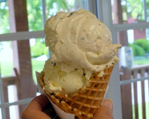 A hand holding a large ice cream cone with two scoops of creamy vanilla and chocolate chip ice cream.