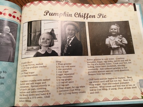 A recipe page featuring "Pumpkin Chiffon Pie" with two vintage photos of children and a list of ingredients and instructions.