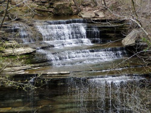 A serene waterfall cascading over rocky ledges, surrounded by bare trees and natural greenery.