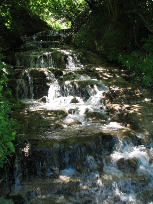 A serene waterfall cascading over rocky steps, surrounded by lush greenery and dappled sunlight.