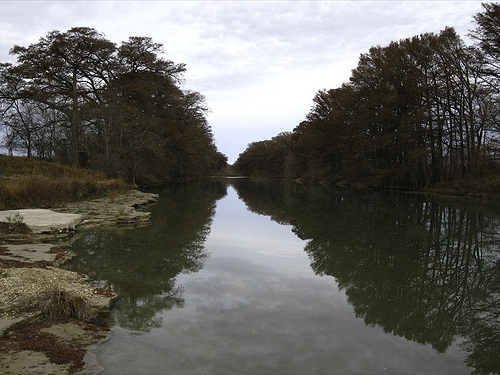 A calm river reflects trees along its banks under a cloudy sky, creating a serene landscape.