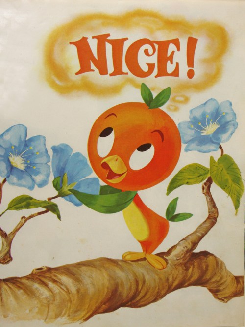 A cheerful orange bird stands on a branch, surrounded by blue flowers, with the word "NICE!" above it.