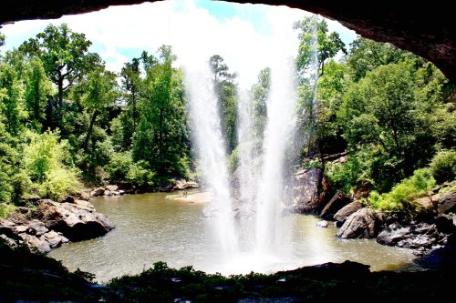 A waterfall cascades into a serene pool surrounded by lush greenery and rocky cliffs under a bright blue sky.