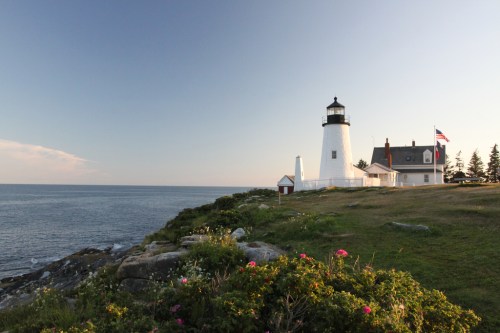 A white lighthouse stands on a rocky shore, overlooking the ocean, with colorful flowers in the foreground and a clear sky.