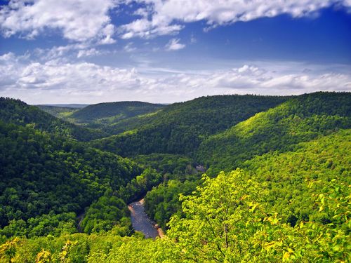Lush green hills and a winding river under a bright blue sky with scattered clouds.