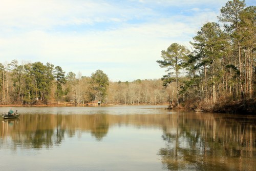 A serene lake surrounded by trees, with a small boat on the water and a cabin visible in the distance.