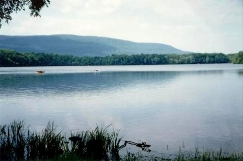 A serene lake surrounded by lush greenery and distant mountains under a cloudy sky.