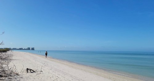 A serene beach scene with a clear blue sky, gentle waves, and a person walking along the sandy shore.