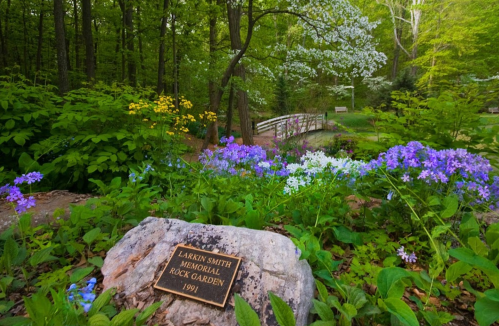 A peaceful rock garden with colorful flowers, a plaque, and a small bridge surrounded by lush greenery.