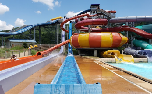 Colorful water slides at a water park, with people enjoying the attractions under a bright blue sky.