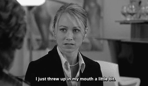 A woman in a suit looks concerned, saying, "I just threw up in my mouth a little bit."