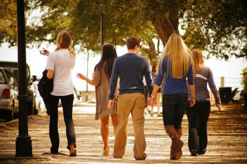 A group of five people walking together on a sunny path, surrounded by trees and parked cars.