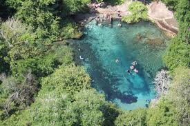 Aerial view of a clear blue swimming hole surrounded by lush greenery and people enjoying the water.