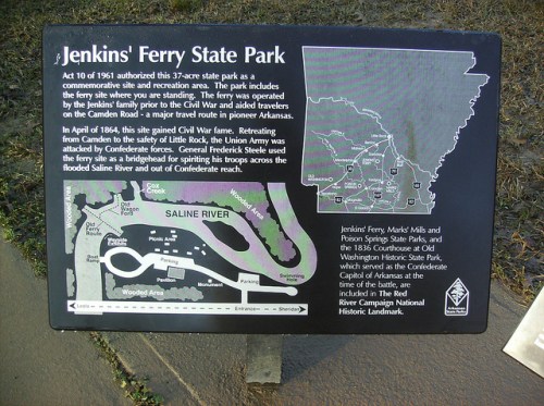 Sign about Jenkins' Ferry State Park, detailing its history and significance during the Civil War, with a map of the area.