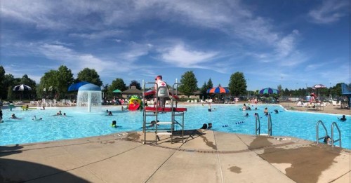 A sunny pool scene with people swimming, a lifeguard on duty, and colorful umbrellas providing shade.