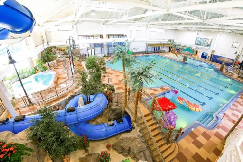 Indoor swimming pool with a water slide, palm trees, and colorful decorations. Bright and spacious environment.