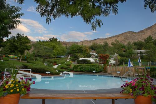 A serene pool area surrounded by lush greenery and colorful flowers, with water slides in the background and mountains beyond.