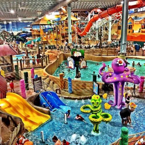 A vibrant indoor water park featuring slides, pools, and playful water features with families enjoying the attractions.