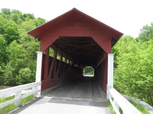 A red covered bridge with a wooden interior, surrounded by lush green trees on a sunny day.