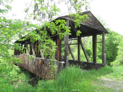 A rustic wooden covered bridge surrounded by lush greenery and trees.