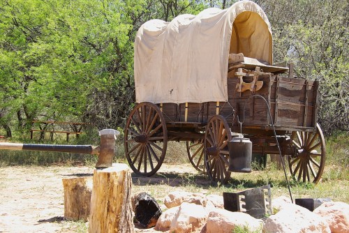 A wooden covered wagon beside a chopping block and axe, set in a natural outdoor environment with greenery.