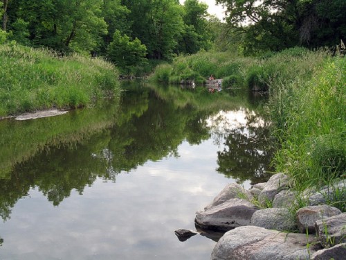 A serene river scene surrounded by lush greenery and rocks, reflecting the trees and sky in calm waters.