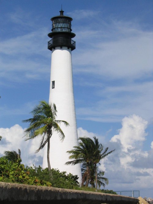 A tall white lighthouse stands against a blue sky with fluffy clouds, surrounded by palm trees.