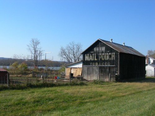 A weathered barn with faded signage, surrounded by green grass and trees, near a calm body of water under a clear blue sky.