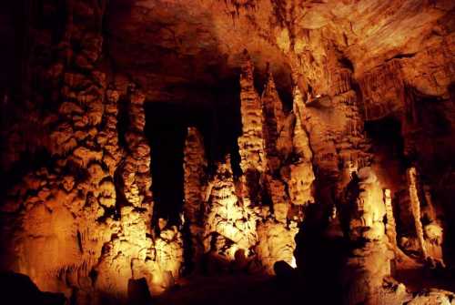 Stalactites and stalagmites illuminated in a dark cave, showcasing intricate rock formations.