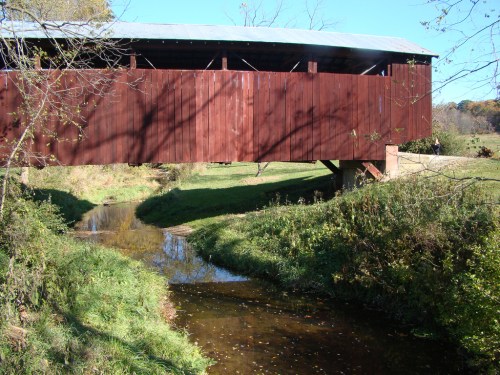 A red covered bridge spans a small stream, surrounded by green grass and trees under a clear blue sky.