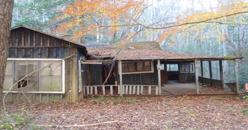 An abandoned, weathered cabin surrounded by autumn foliage and trees, with a porch and overgrown surroundings.