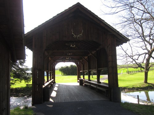A wooden covered bridge with a rustic design, leading to a grassy area and a stream on one side.