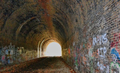 A dark, graffiti-covered tunnel with a bright light at the end, surrounded by fallen leaves on the ground.