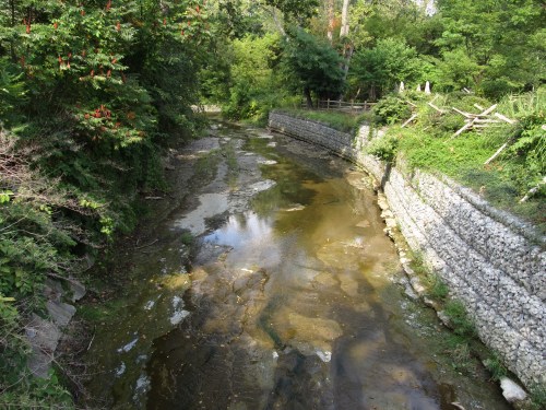 A serene, shallow river flows between stone banks, surrounded by lush greenery and trees.