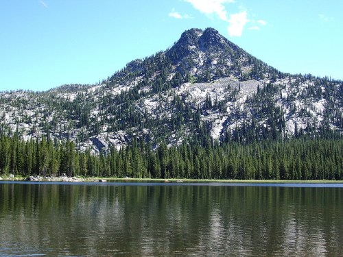 A serene lake reflects a forested mountain under a clear blue sky, surrounded by lush greenery.